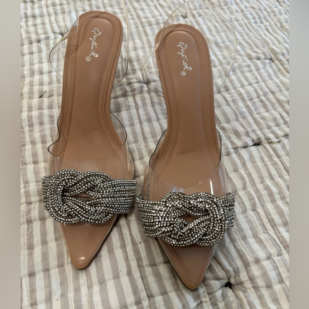 Chic Clear and Nude Heels with Rhinestone Accents